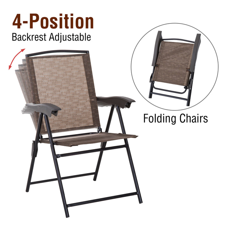 3 Piece Patio Furniture Garden Bistro Set Outdoor 2 Folding Chairs 1 Tempered Glass Table Adjustable Backrest Metal - Brown