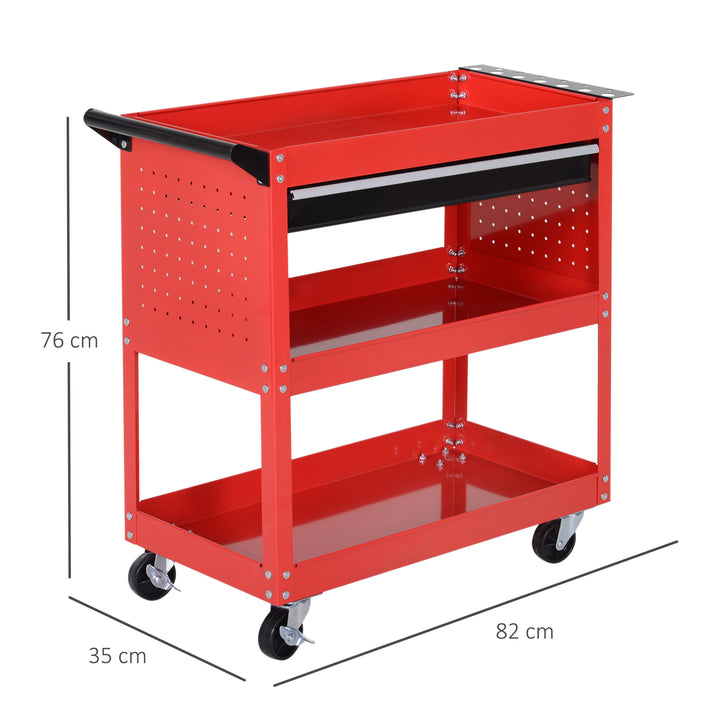 3-Tier Tool Trolley Cart Storage Shelf Roller Cabinet DIY Box Garage Workshop with Drawer Red