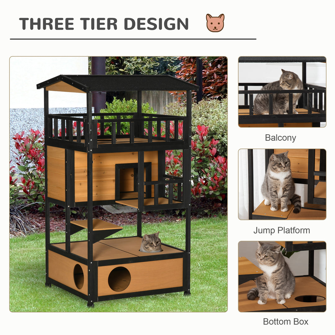 Wooden Cat House 3-Tier for Winter Kitten Shelter Lodge w/ Tilted Roof Terrace Jump Step Bottom Tray Elevated Base