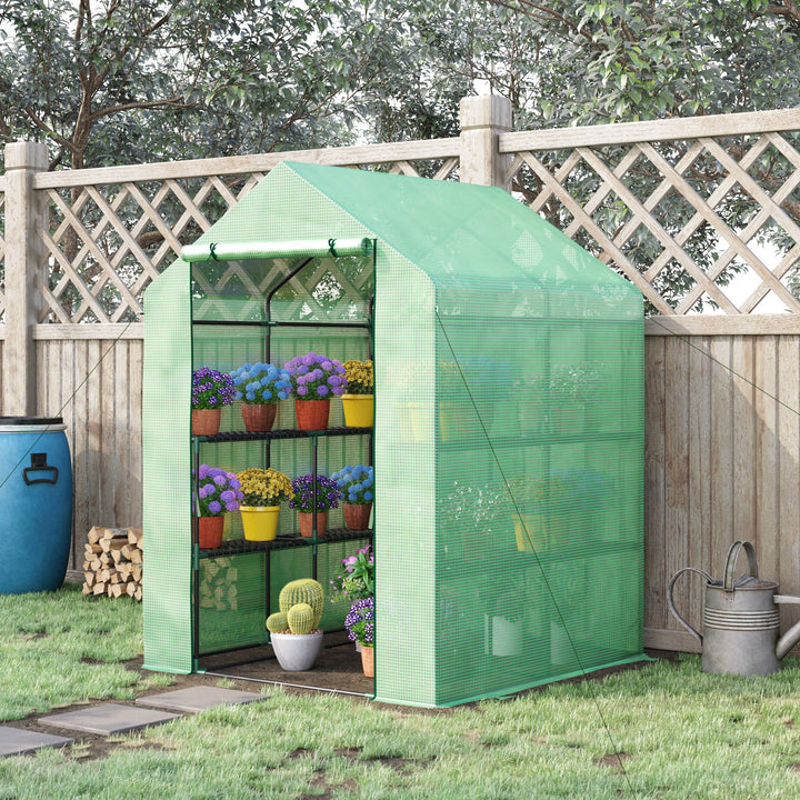 Lean-to Greenhouse with Shelving: Removable Cover Steeple Polytunnel for Nurturing Plants