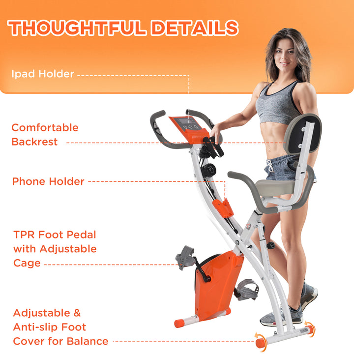 2-in-1 Upright Exercise Bike Stationary Foldable Magnetic Recumbent Cycling with Arm Resistance Bands Orange