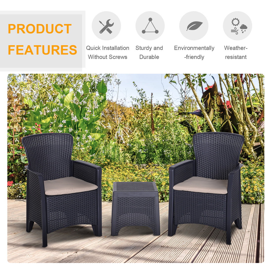 3 PCS Rattan Effect Garden Bistro Set 2 Chairs & Coffee Table Set with Cushion Patio Lawn Balcony Furniture - Dark Brown