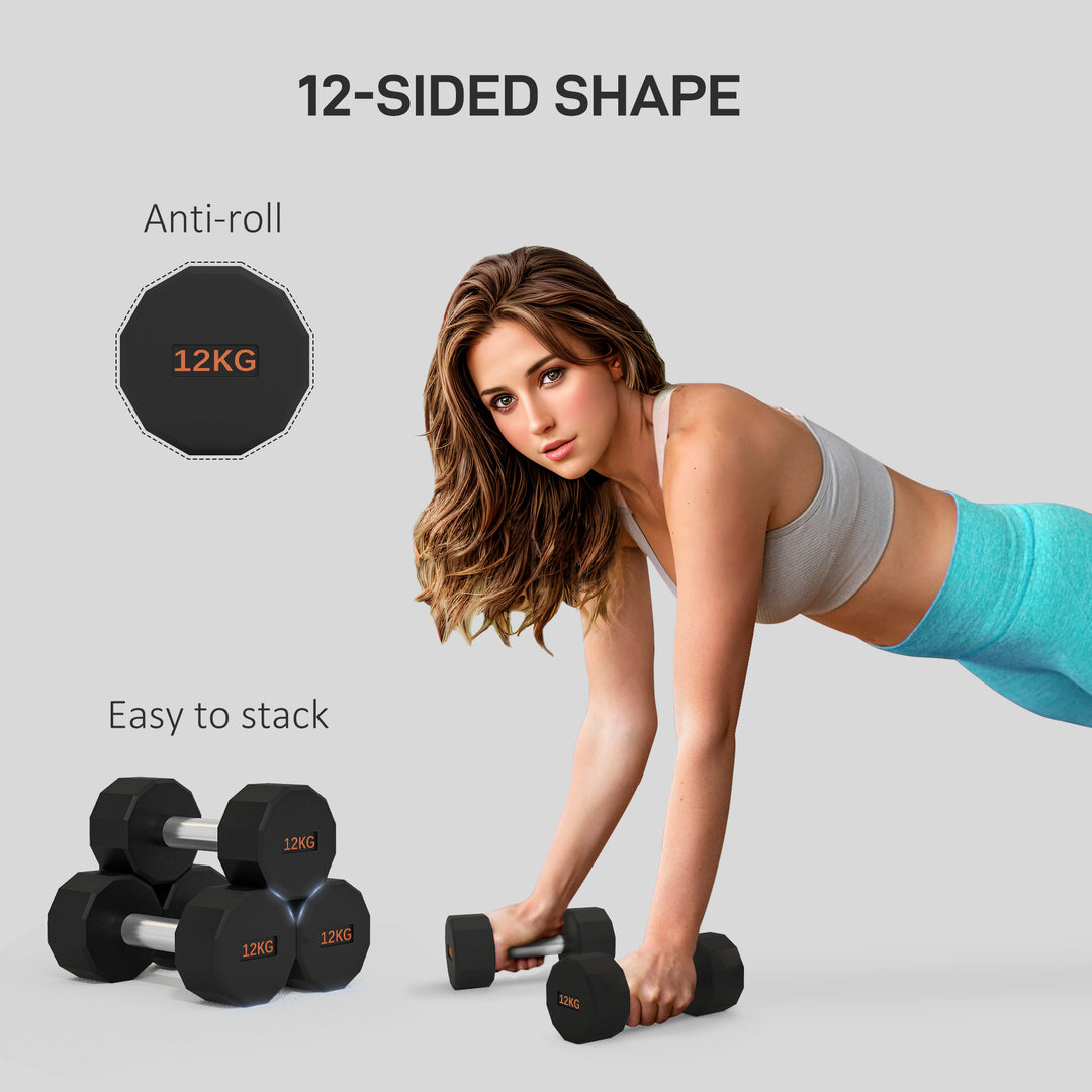 2 x 12kg Dumbbells Weights Set with 12-Sided Shape and Non-Slip Grip for Men Women Home Gym Workout