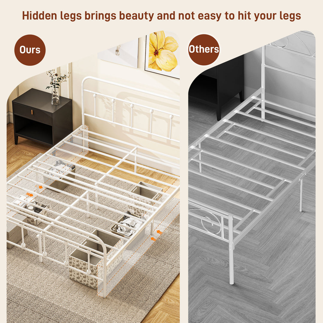 4ft Double Platform Bed Frame with Underbed Storage Tall Headboard Steel Slat No Box Spring Needed Easy Assembly White