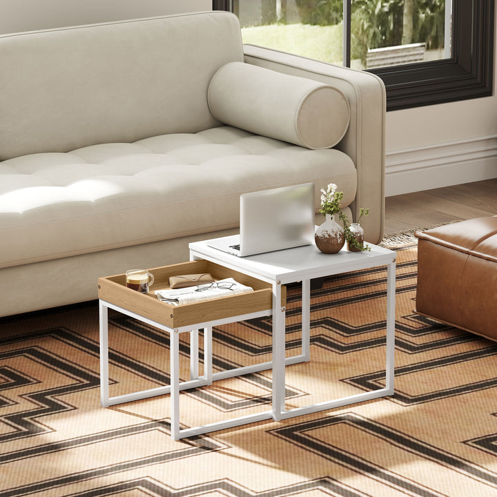 Set of Two Boxy Nesting Tables - White/Wood-Effect