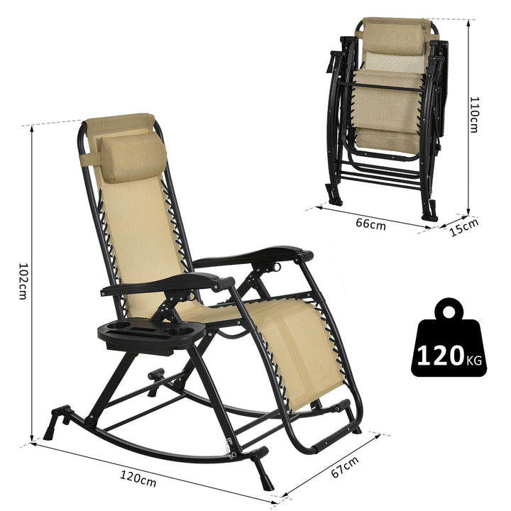 Garden Rocking Chair Folding Recliner Outdoor Adjustable Sun Lounger Rocker Zero-Gravity Seat with Headrest Side Holder Patio Deck - Beige