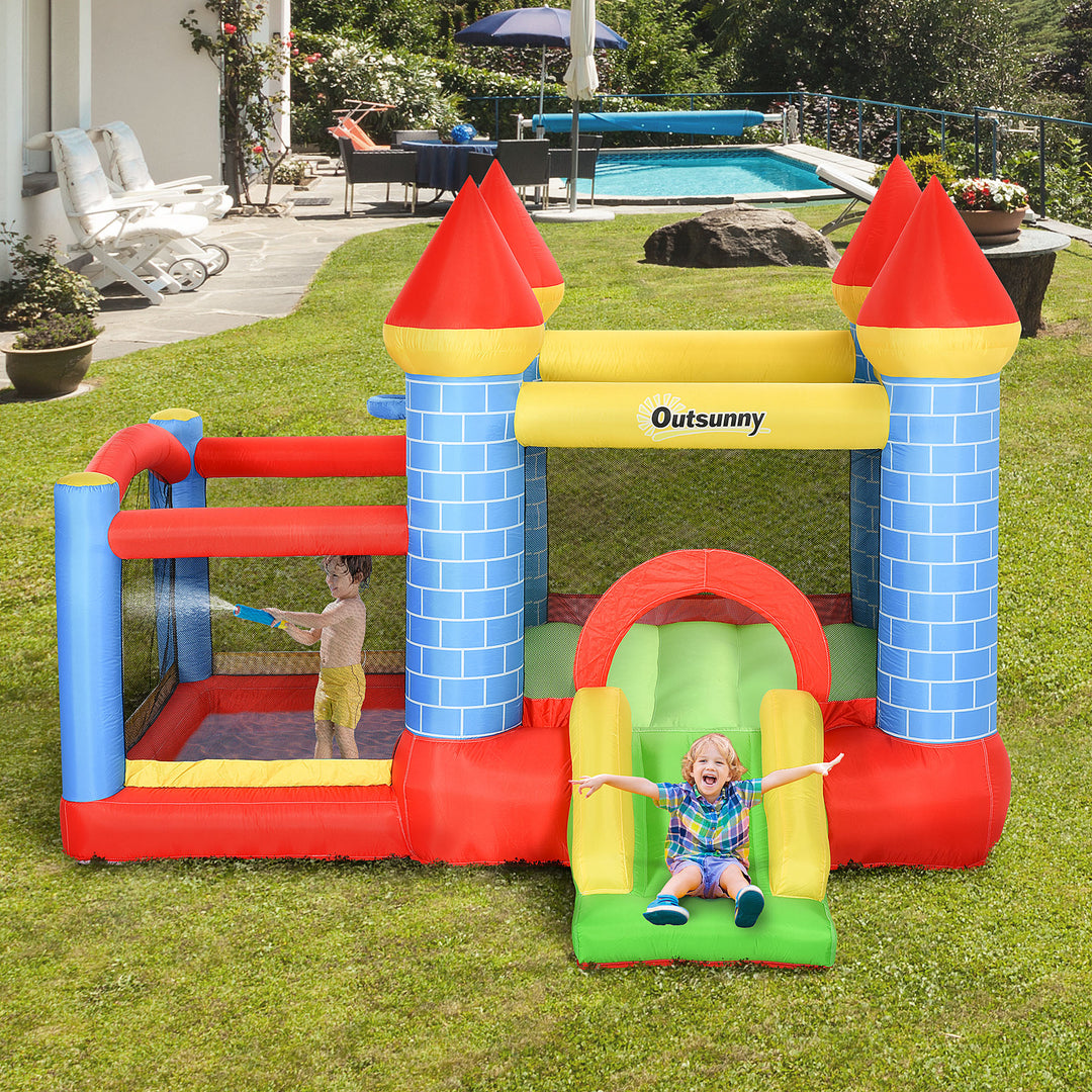 Kids Bounce Castle House Inflatable Trampoline Slide Water Pool Basket 4 in 1 with Inflator for Kids Age 3-10 Castle Design 3 x 2.75 x 2.1m