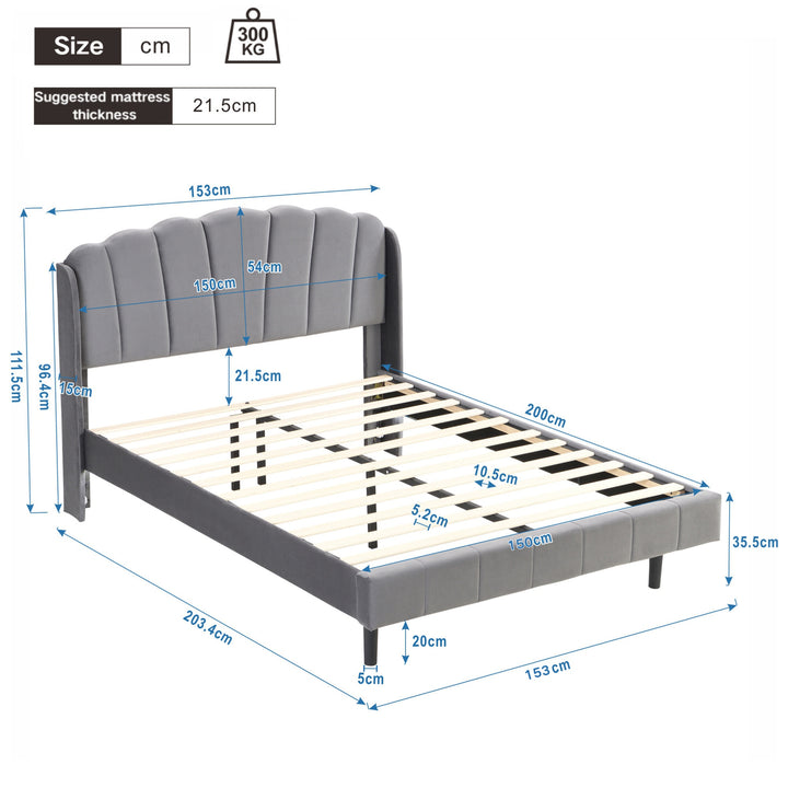 King Size Velvet Fabric Upholstered Bed with Body-Sensing LED Lights and Wood Slatted Frame