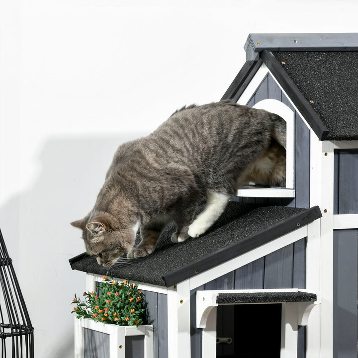 Wooden Cat House Outdoor with Flower Pot