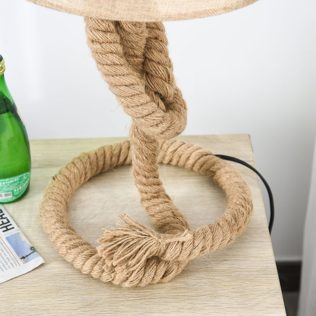 Nautical Style Rope-Base Table Lamp w/ Fabric Lampshade Metal Frame Power Switch Unique Lighting Furnishing Living Room Beige