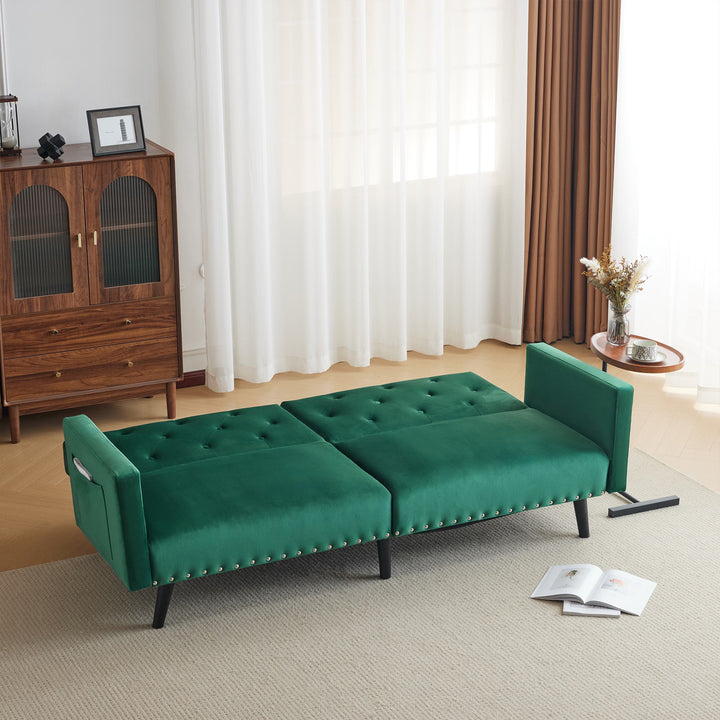 2-Seater Adjustable Velvet Sofa Bed with Storage Pockets