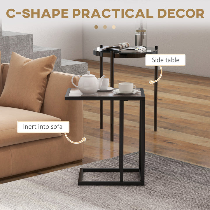 HOMCOM C Shape Bedside Table w/Metal Frame Marble-Effect