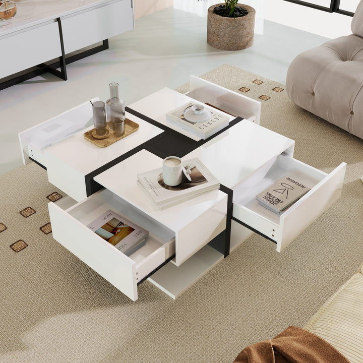 Wooden Square Coffee Table with Drawers & Storage