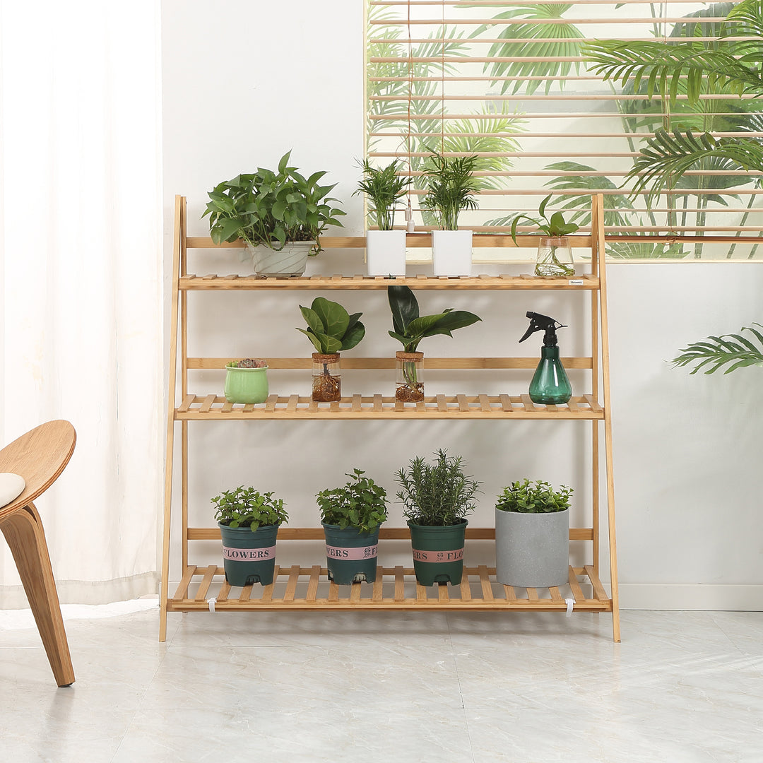 Outsunny Bamboo Plant Stand: 3-Tier Folding Display Shelf Rack