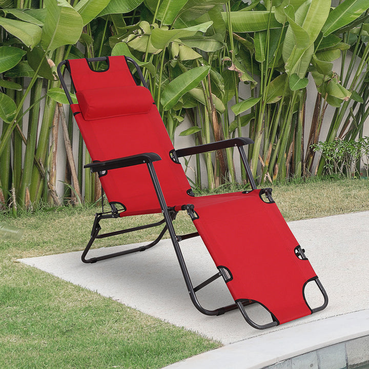 2 in 1 Sun Lounger Folding Reclining Chair Garden Outdoor Camping Adjustable Back with Pillow (Red)