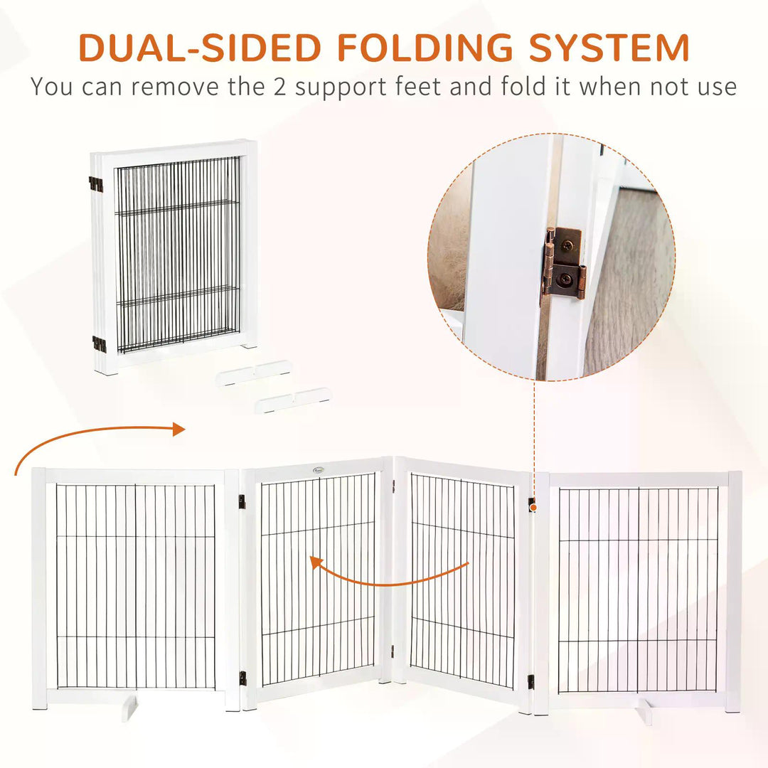 Dog Gate Wooden Foldable Small & Medium-Sized Pet Gate 4 Panel w/ Support Feet Pet Fence Safety Barrier for House Doorway Stairs