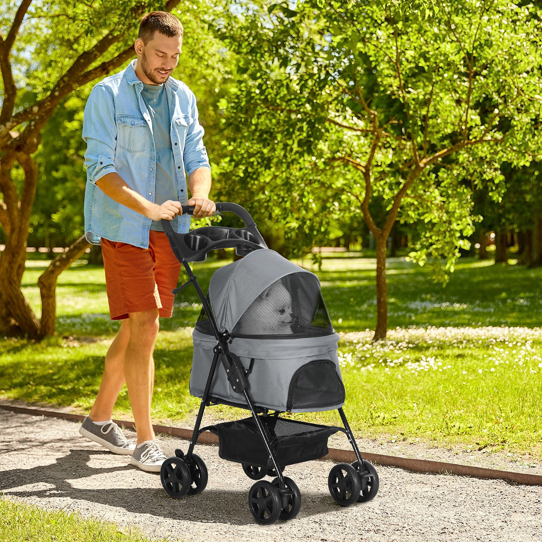 No-Zip Pet Stroller Dog Cat Travel Pushchair One-Click Fold Trolley Jogger w/ EVA Wheels Brake Basket Adjustable Canopy