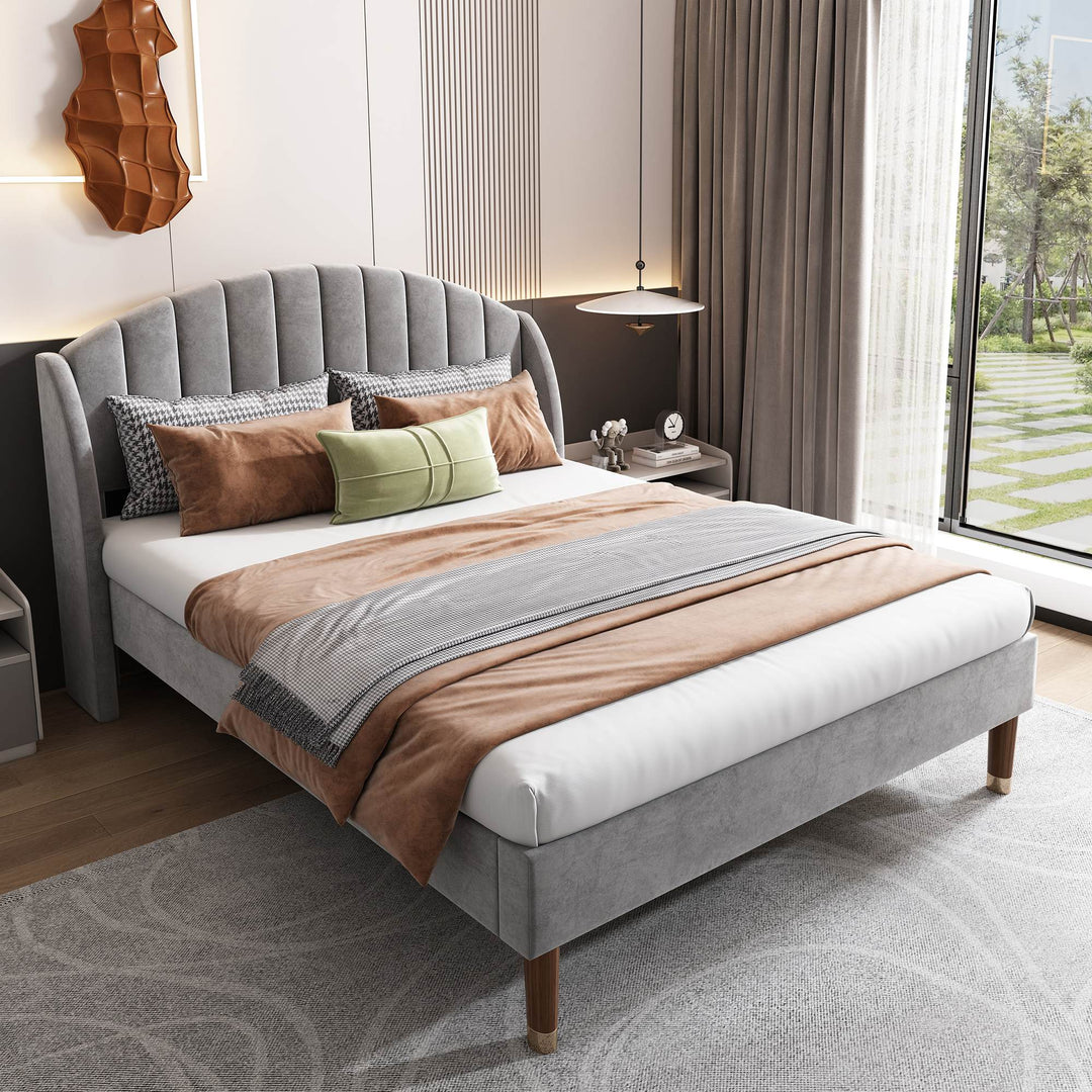 King Size Velvet Fabric Upholstered Bed with Slatted Frame and Headboard