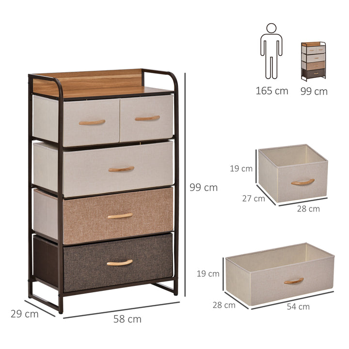 5-Drawer Dresser Tower 3-Tier Storage Organizer with Steel Frame Wooden Top for Bedroom Hallway Closets