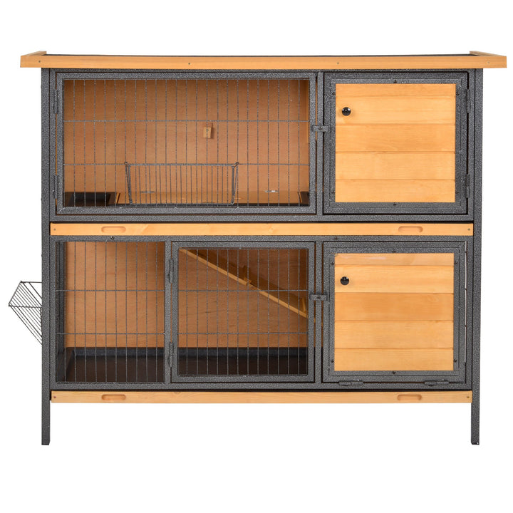 2-Floor Wooden Guinea Pigs Hutches Bunny Cage Metal Frame Pet House with Slide-Out Tray Feeding Trough Ramp Lockable Door