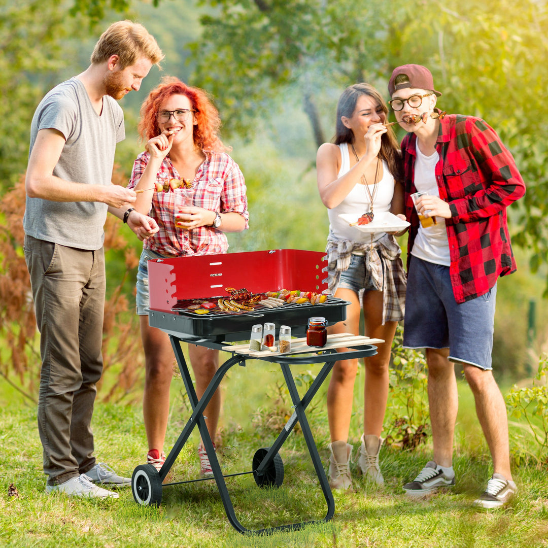 BBQ Grill Charcoal Barbecue Grill Garden Foldable BBQ Trolley w/ Windshield