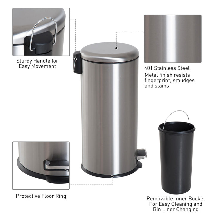 Foot Pedal Bin Stainless Steel Metal Waste Rubbish Lid Kitchen Garbage 30L