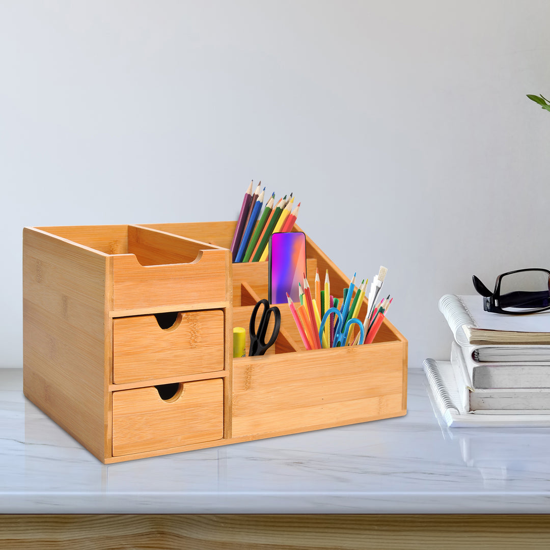 Organiser Holder Multi-Function Storage Caddy Drawers Home Office Stationary Supplies 7 Storage Compartments & 2 Drawers Natural