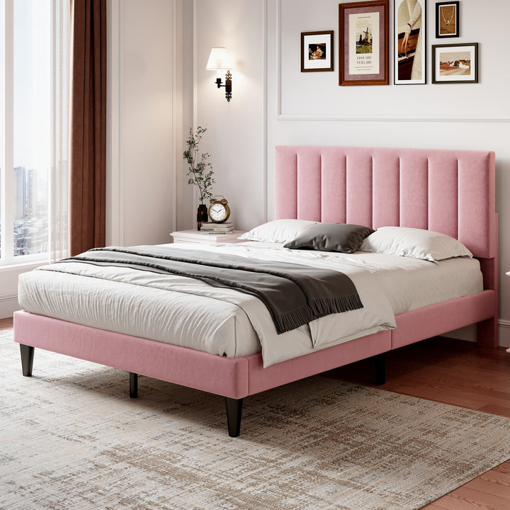 Upholstered Velvet Bedstead with Adjustable Headboard