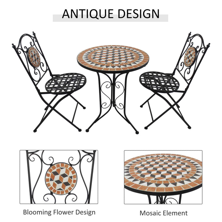 3 PCs Garden Mosaic Bistro Set Outdoor Patio 2 Folding Chairs & 1 Round Table Outdoor Metal Furniture Vintage