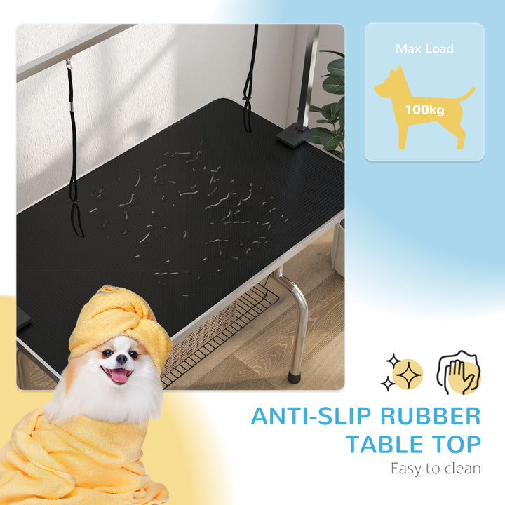 Adjustable Dog Grooming Table Rubber Top 2 Safety Slings Mesh Storage Basket Heavy Metal Black 107 x 60 x 170cm