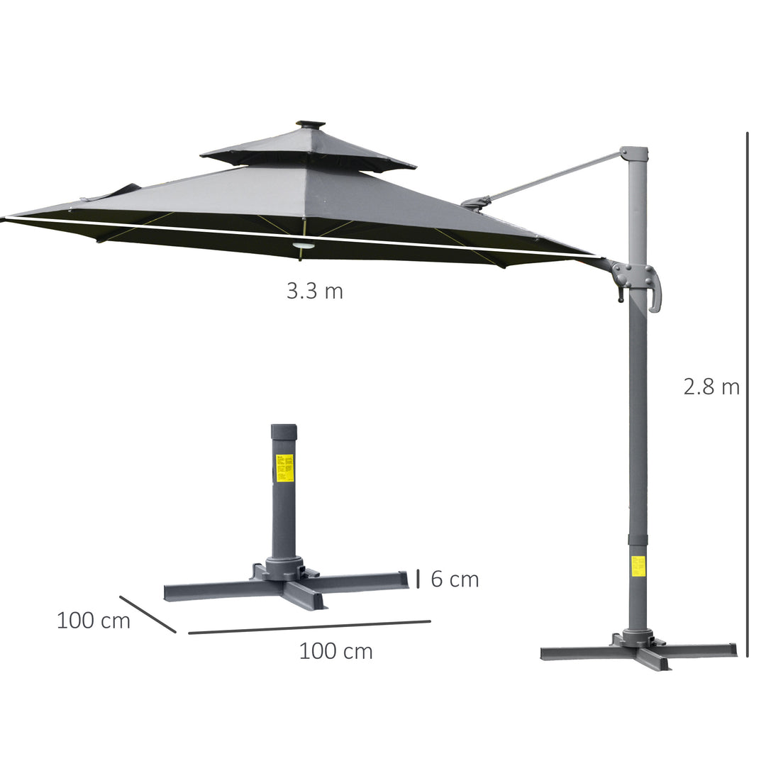 3m Cantilever Parasol w/ Solar Lights Power Bank Cross Base Adjustable Canopy 360° Spin Garden Umbrella 2-Tier Roof Sun Shade Grey