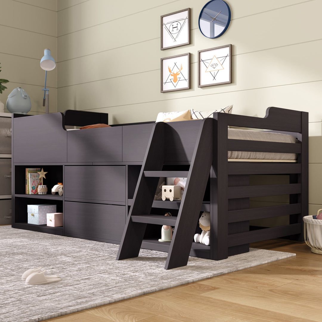 Children's Wooden Mid Sleeper Cabin Bed with Drawers and Shelves Storage