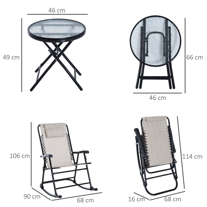 3 Piece Outdoor Rocking Set with 2 Folding Chairs and 1 Tempered Glass Table