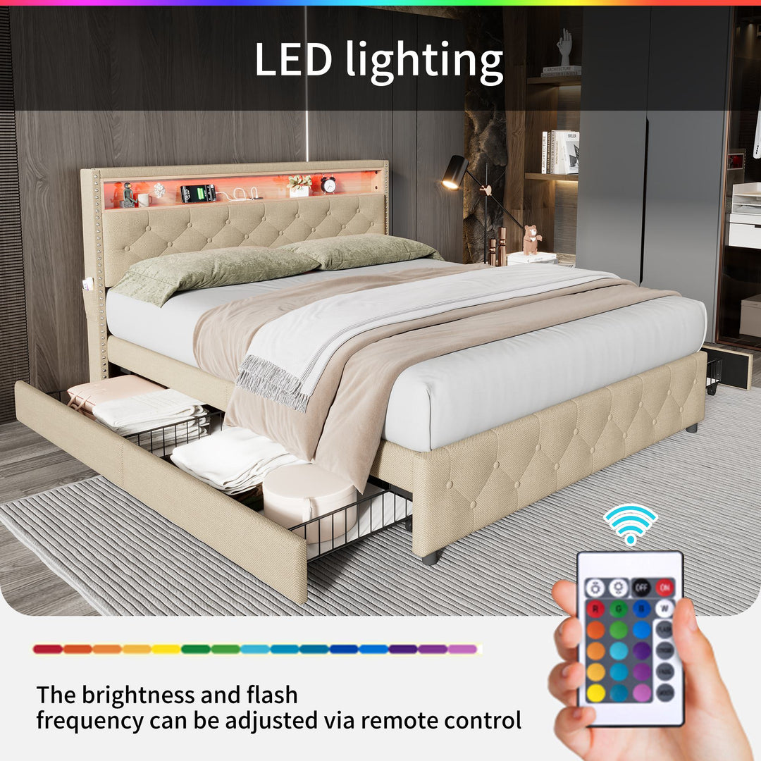 Double Linen Upholstered Bed with LED Lights and Four Storage Drawers