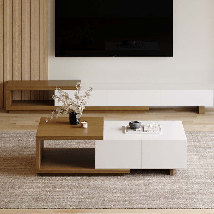 Quoint 1750mm Modern White & Walnut Coffee Table Retracted & Extendable with 2-Drawer