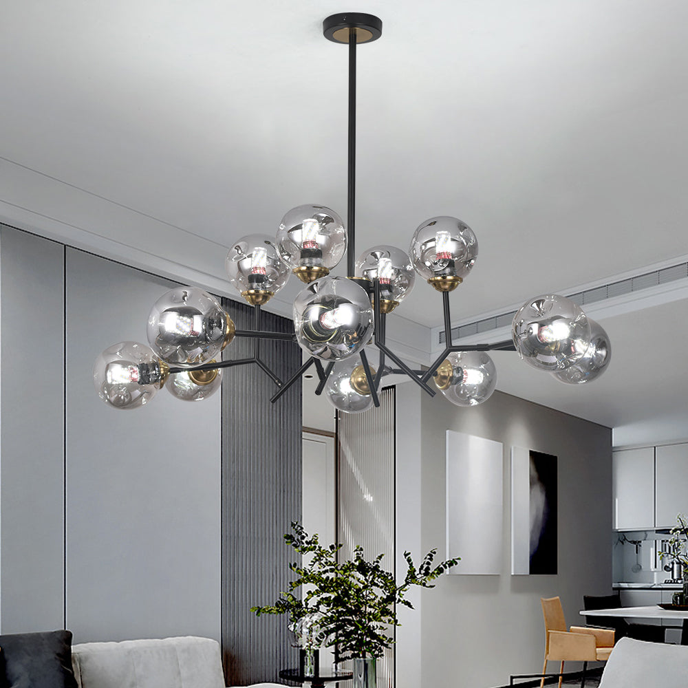 Modern Linear 12-Light Kitchen Island Light Black Chandelier with Globe Glass Shade Pendant Lighting