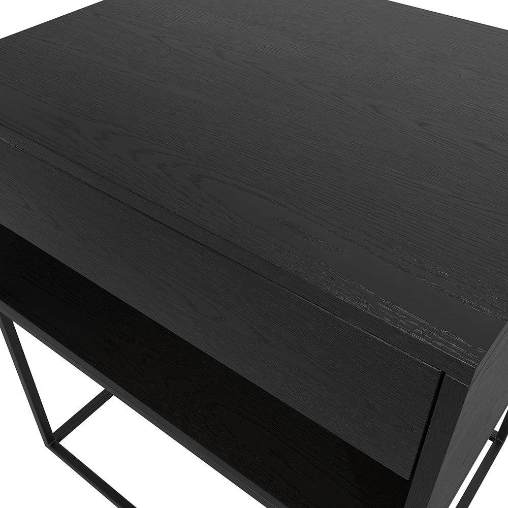 Black Modern BedsideTable with Drawer and Black Metal Base