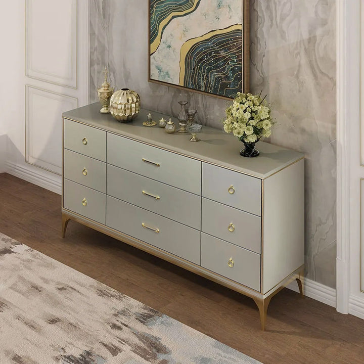 1600mm Contemporary 9-Drawer Champagne Bedroom Dresser for Storage in Gold