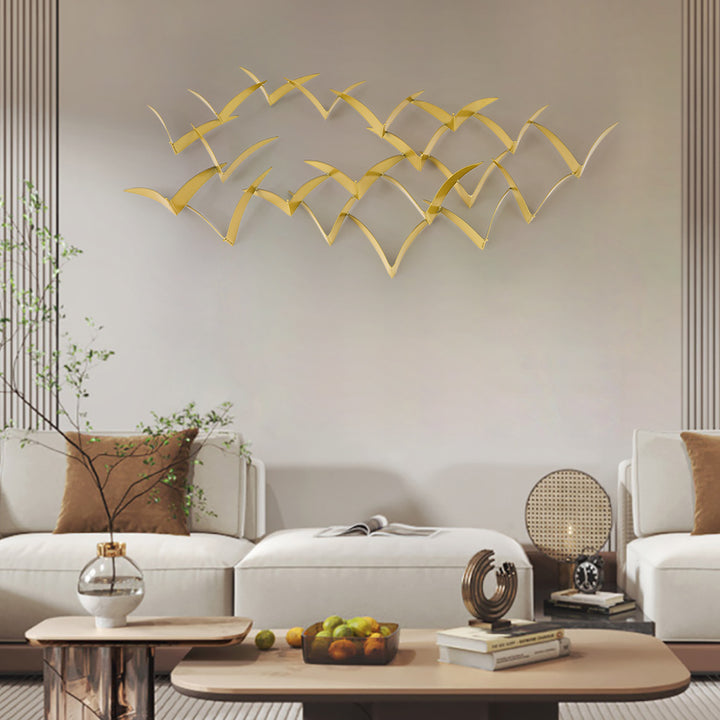 940mm Coastal Gold Metal 3D Bird Foiled Flying Flock Wall Sculpture Art Deco Living Room