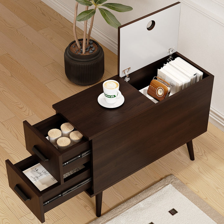 Brown Rectangle End Table with Drawers Modern Sofa Table for Living Room