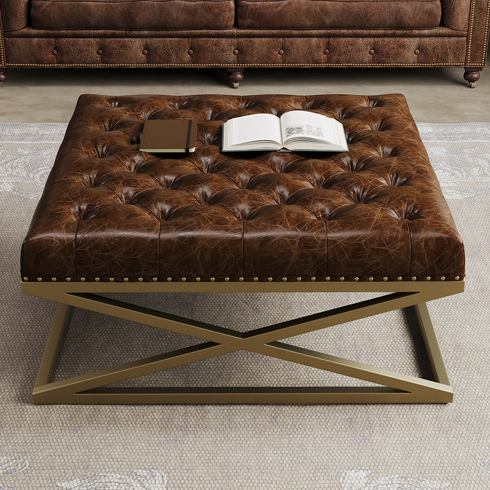 Top Grain Genuine Leather Square Coffee Table Brown Tufted Ottoman Antique Brass Frame