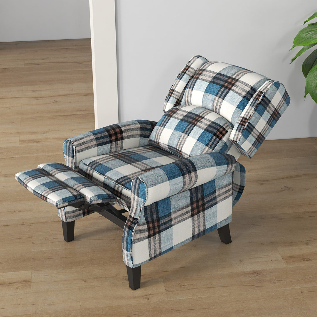 Wingback Reclining Chair Push Back Recliner Armchair for Living Room Bedroom with Footrest Armrests Wood Legs Blue