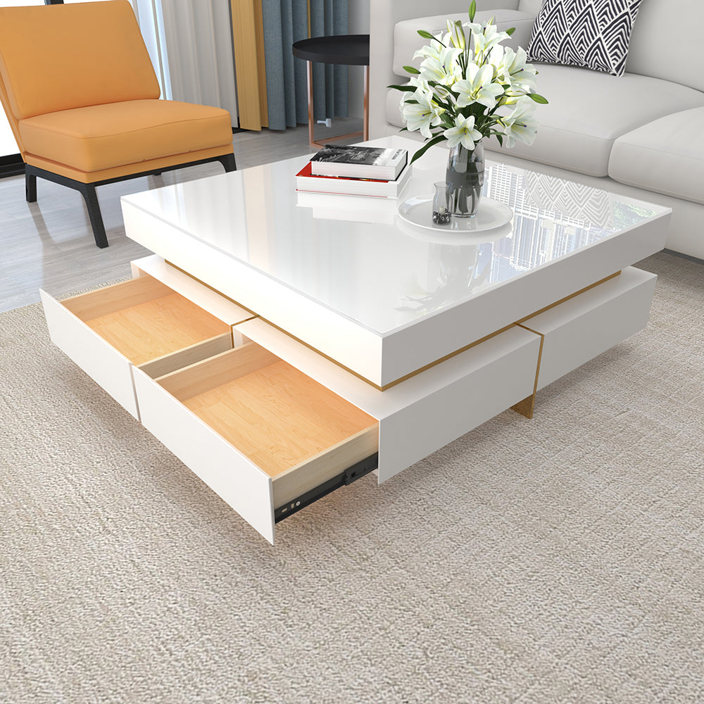 White Modern Square Coffee Table with Drawers Tempered Glass Top & Metal Legs