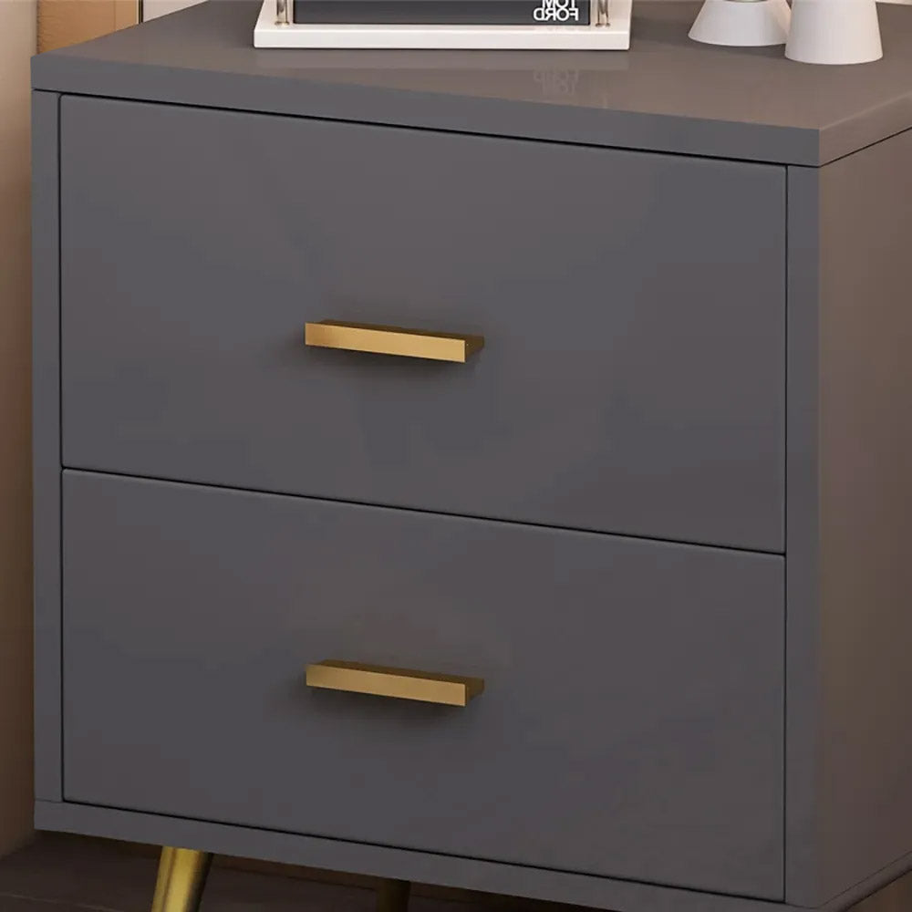 Modern Wood Bedside Table with Gold Legs 2-Drawer Nightstand in Grey