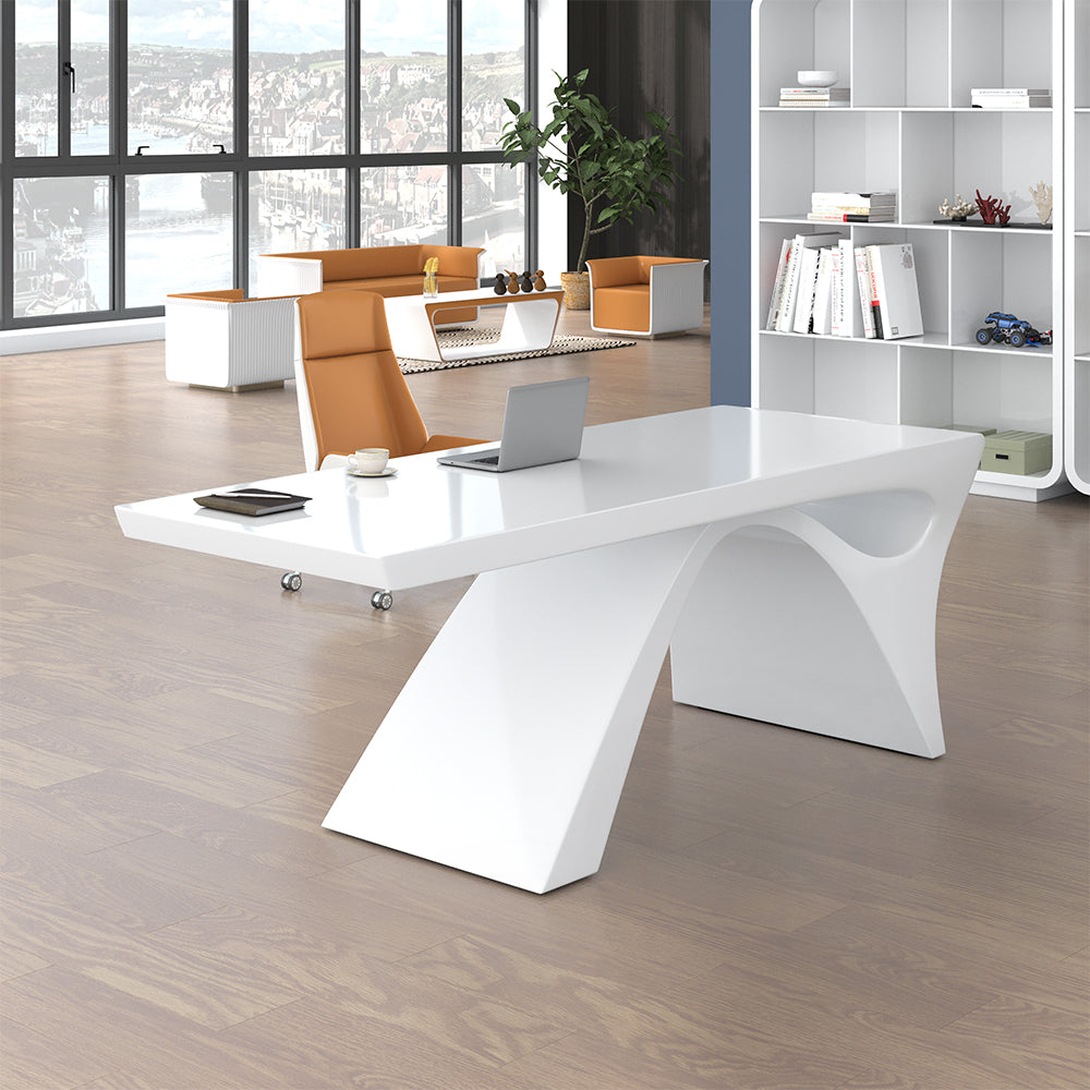 Modern White Computer Desk Rectangular Office Desk with Pedestal Base (1800mm)