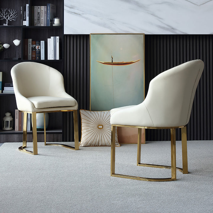 Off White Dining Chair Faux Leather Upholstered Side Chair Gold Frame Set of 2