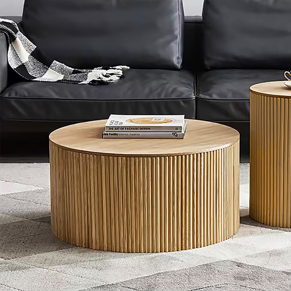 28" Japandi Round Wood Coffee Table with Storage in Natural