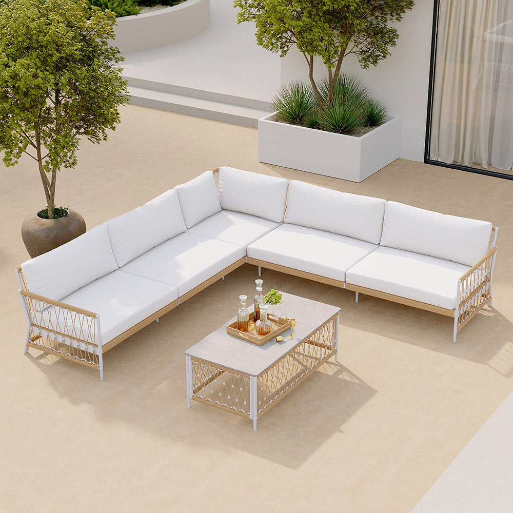 Ropipe 4 Pieces L Shape Woven Rope Outdoor Sectional Sofa Set in Khaki & White For 5