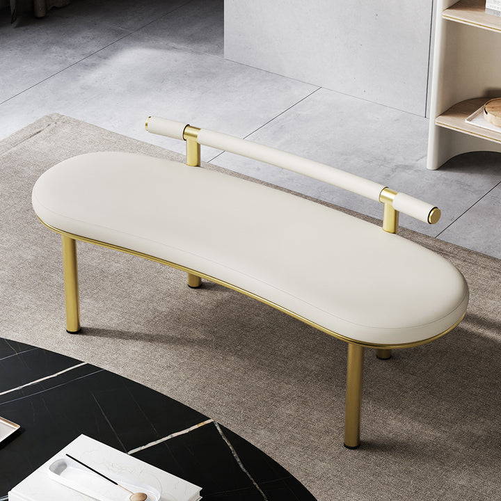 Curvice Off-White Curved Dining Bench with Back Faux Leather Stainless Steel in Gold