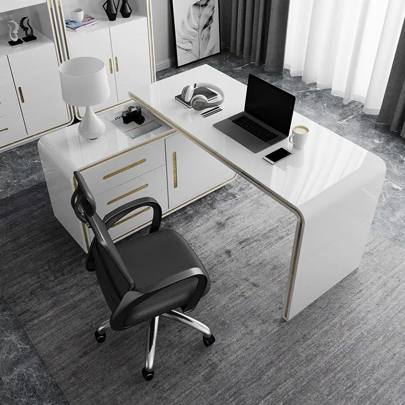 1400mm Modern White L-Shaped Desk Corner Rotating Computer Desk with Cabinet